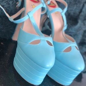 Light Blue T Strap Platform Heels